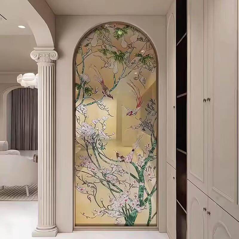 新款珐琅彩客厅隔断屏风复美意欧法式艺术玻璃拱形入户玄关装饰画