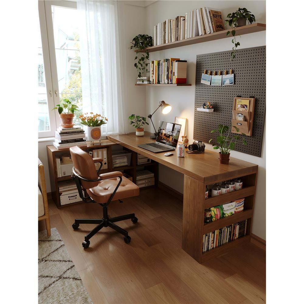 实木转角书桌书柜一体l型台式电脑桌学生卧室家用靠墙写字办公桌