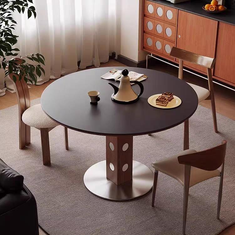 中古风实木岩板餐桌椅组合家用圆形饭桌现代简约轻奢圆桌子