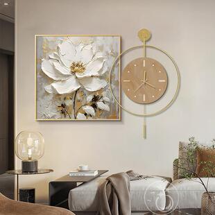 覆古轻奢餐厅装饰画高级感抽象花卉客厅壁画带钟表组合挂画挂钟