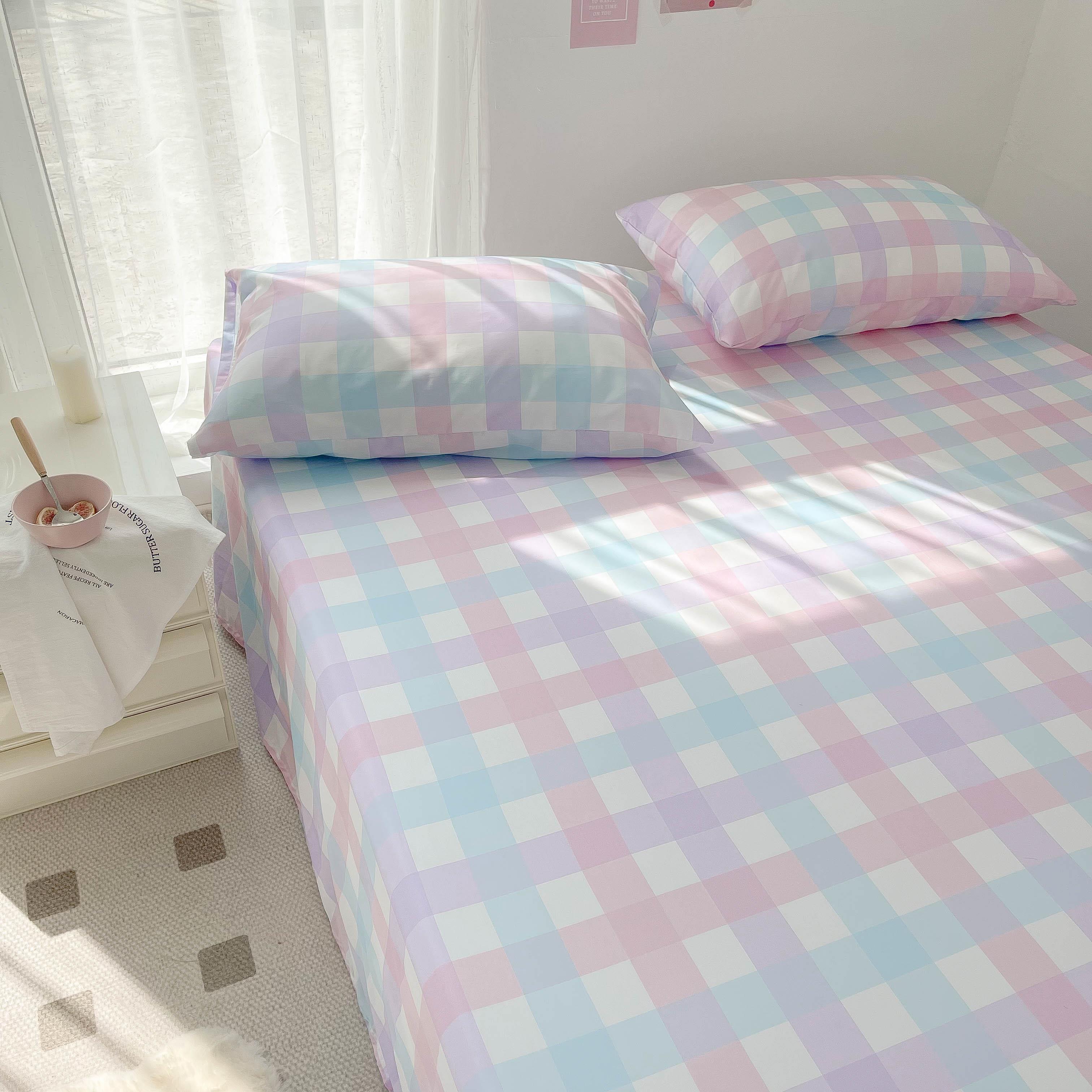 格子的秘密｜JK粉紫色格纹舒服全棉纯棉床单床笠被单 ins韩风网红