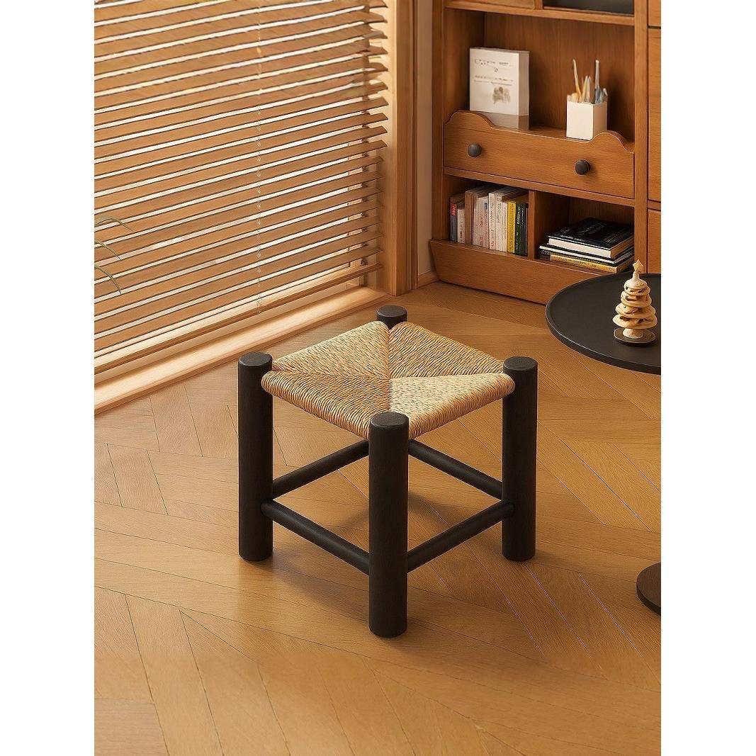 中古风彷藤编矮凳客厅小凳子家用覆古实木板凳绳编凳入户门换鞋凳