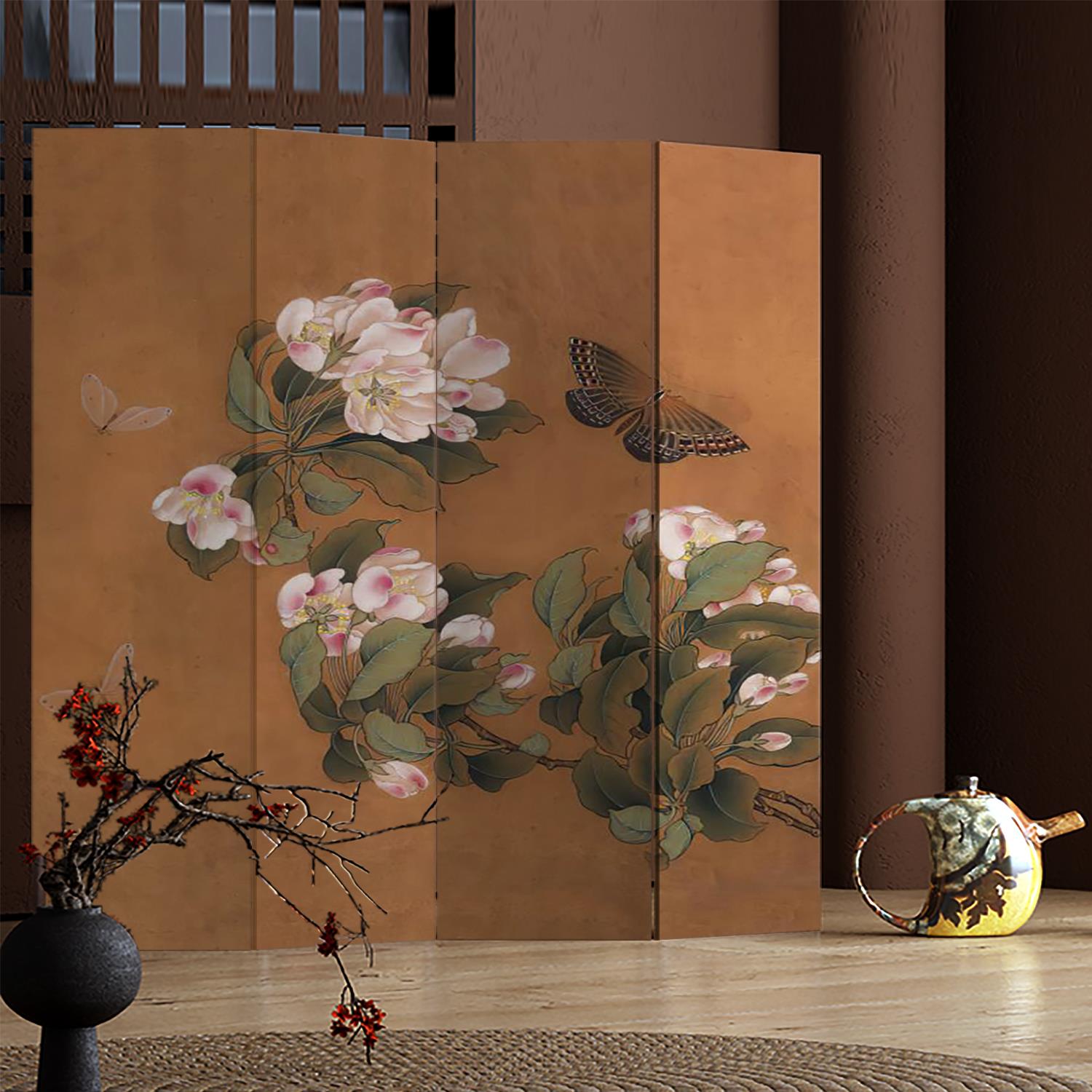 中式花鸟实木屏风隔断墙客厅卧室中古遮挡隔板可折叠移动茶室家用