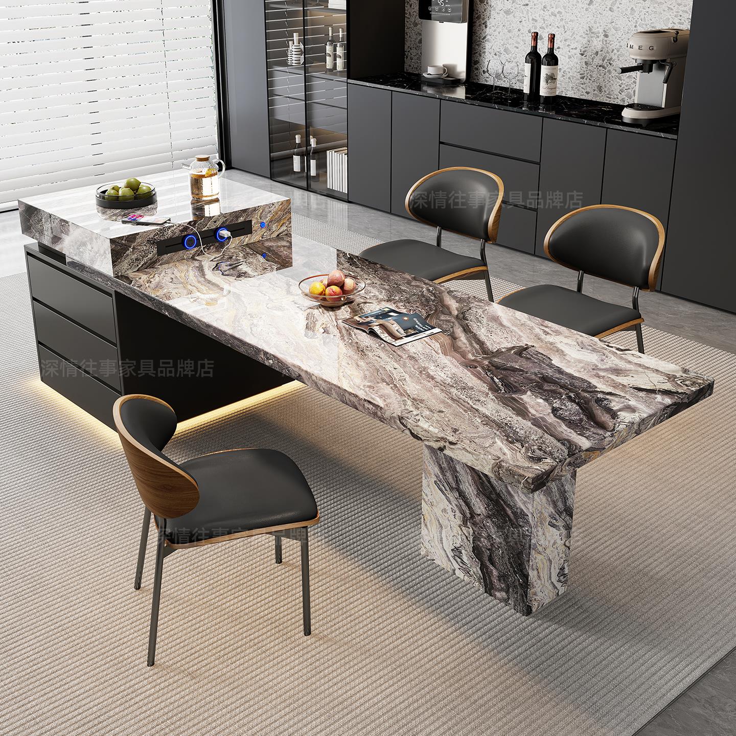 奢石岩板岛台餐桌一体家用可伸缩大别墅意式高端多功能厨房中岛台