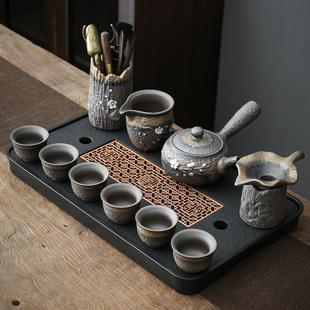 家用盖碗提梁壶泡茶会客办公茶杯茶盘 复古粗陶鎏金功夫茶具套装