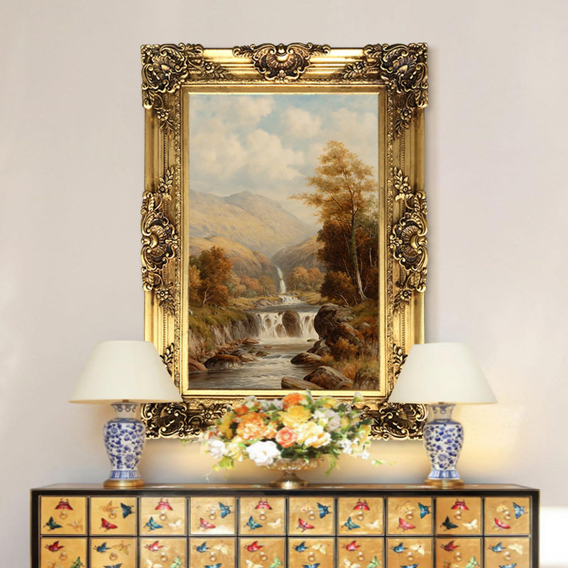 世界名画欧式高档瀑布古典风景油画山水画客厅玄关壁炉装饰画竖版