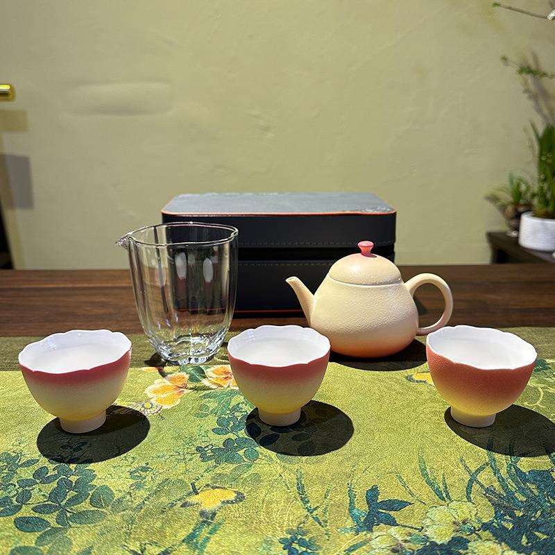 粗陶渐变美人壶一壶三杯旅行茶具便携套装家用陶瓷球孔过滤泡茶壶