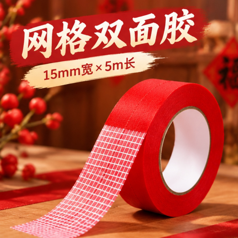 红色网格双面胶带自粘不残胶
