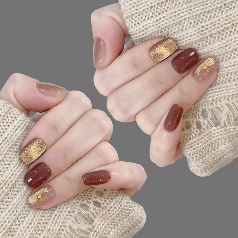 秋冬氛围感棕咖暖茶猫眼穿戴甲琥珀金箔高级显白美甲成品手工定制