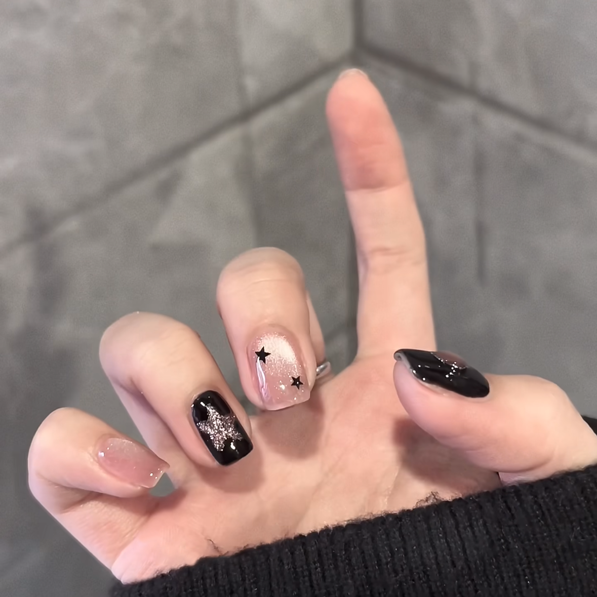 甜酷黑粉猫眼短甲手工定制穿戴甲