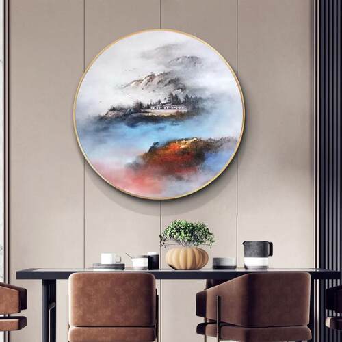 新款直销纯手绘圆形风景油画新中式客厅入户玄关装饰画手工绘制成