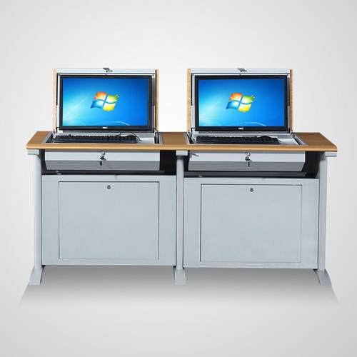 直销新款翻转电脑桌自动升降显示器隐藏式电脑桌学校多媒体电教室