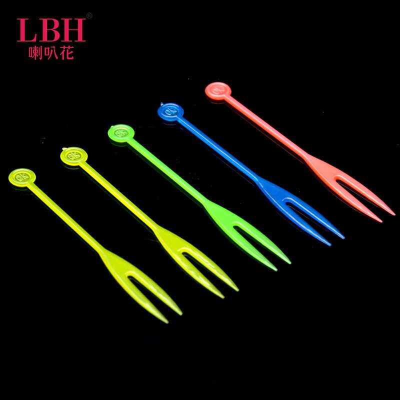新款直销喇叭花酒店KTV塑料透明一次性水果叉 二指叉点心叉蛋糕叉