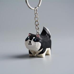 直销新款纯手工雕刻木质摆件哈士奇狗狗挂件木雕工艺品钥匙扣学生