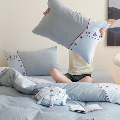 纯棉双层纱布四件套纯棉儿童卡通男孩蓝纱布被套1.8米床单床上用