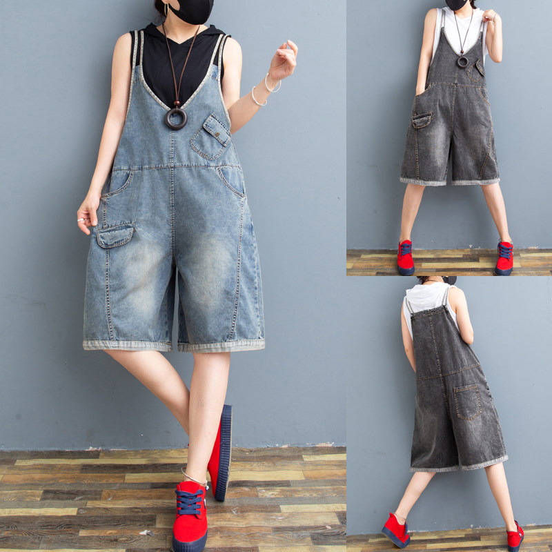 夏季薄款双肩带牛仔背带裤女宽松阔腿五分裤M水洗怀旧胖mm显瘦垮
