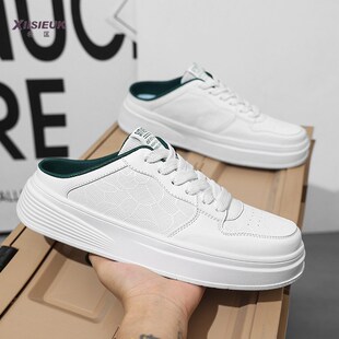 半托小白鞋男试衣间鞋专用百搭办公室无后跟懒人拖鞋皮面厚底板鞋