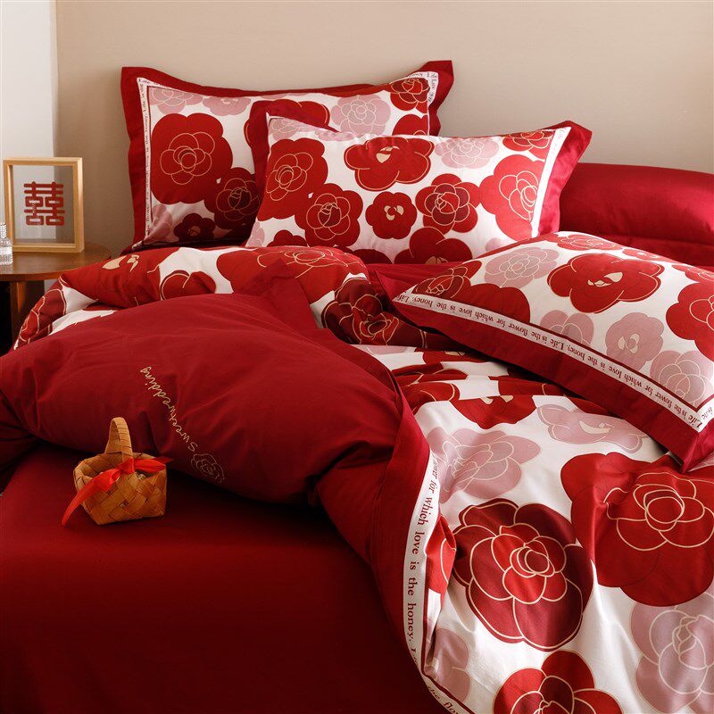 简约双面婚庆四件套全棉100s长绒棉刺绣结婚纯棉被套1.8m床上用品