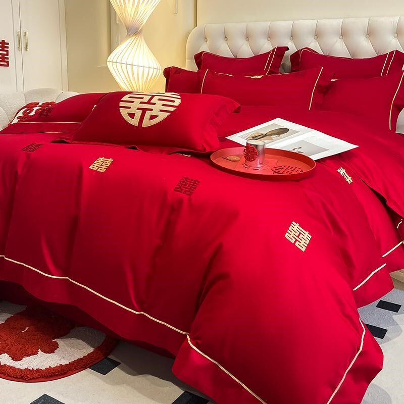 中式100支结婚四件套红色婚庆被套婚房喜被床单陪嫁床上用品4