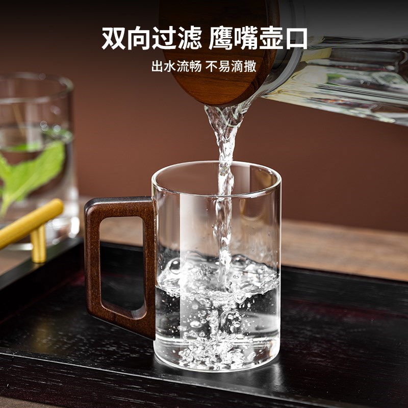 中式木柄把手玻璃杯套装家用水杯待客泡茶杯耐高温高硼硅杯子