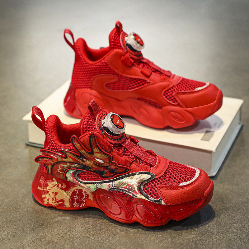 红色男童鞋子运动鞋夏季2025新款单网面镂空透气防臭跑鞋儿童网鞋