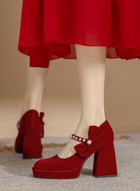 小个子红色防水台高跟鞋女粗跟法z式玛丽珍珠婚鞋2024新款秋季单