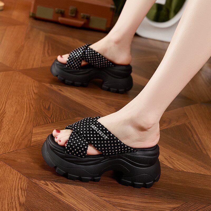 厚底拖鞋女2025新款夏季增高百搭半拖鞋时尚外穿水V钻高级感凉拖