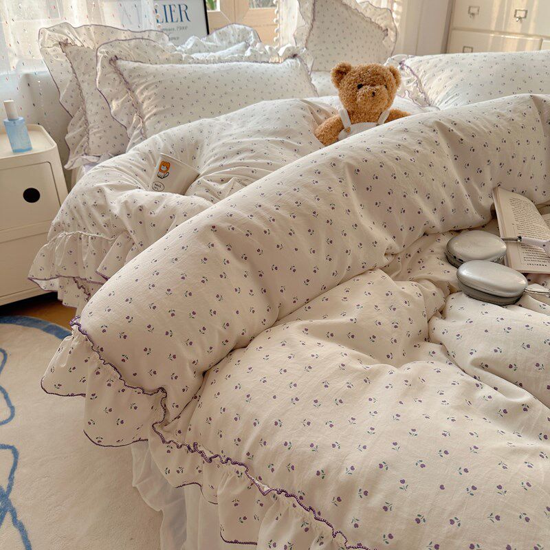 韩式花边水洗棉床上四件套床单被套荷叶边床裙学生宿舍床品三件套