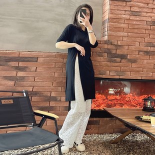 时尚套装春夏圆领中长款侧开叉黑色打底衫白N色蕾丝镂空阔腿长裤