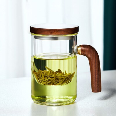 木柄玻璃杯泡茶杯带n把茶水分离花茶杯耐高温过滤家用水杯透明杯