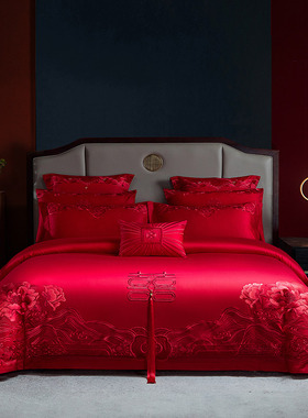 结婚床上用品四件套大红色被套纯色全棉床Q单婚庆喜被婚嫁龙