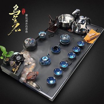 新品乌金石茶盘整套功夫茶具套装家用雾化流水观景石茶台简约全自