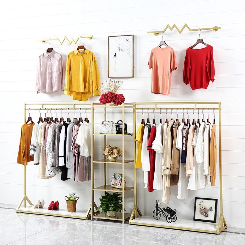 馨嘉服装店展示架金色铁艺服装架子落地式侧挂衣帽架秋冬大衣货架