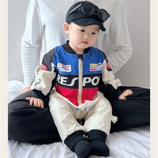 男宝秋装超韩洋气婴儿服帅气时髦婴幼儿机车服连体衣潮酷外出爬服