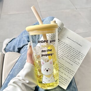 玻璃杯女生高颜值2025夏u季大容量水杯办公室耐高温带吸管冷饮杯