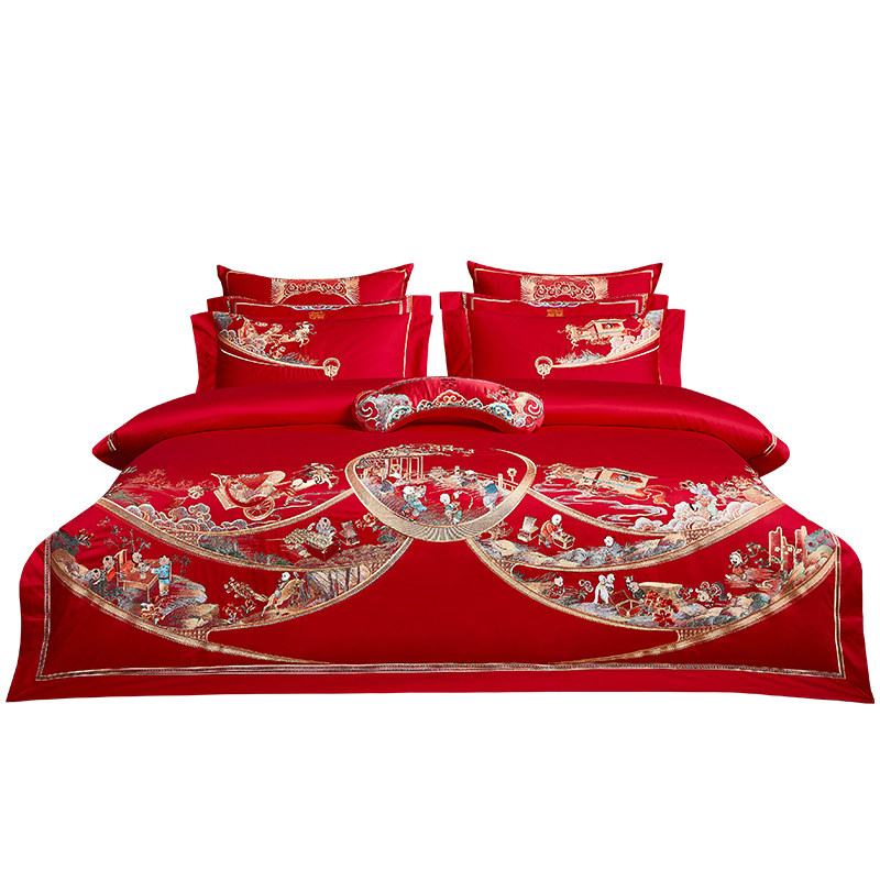 婚庆结婚四件套大红色百子图全棉刺绣被套床上用品十件套