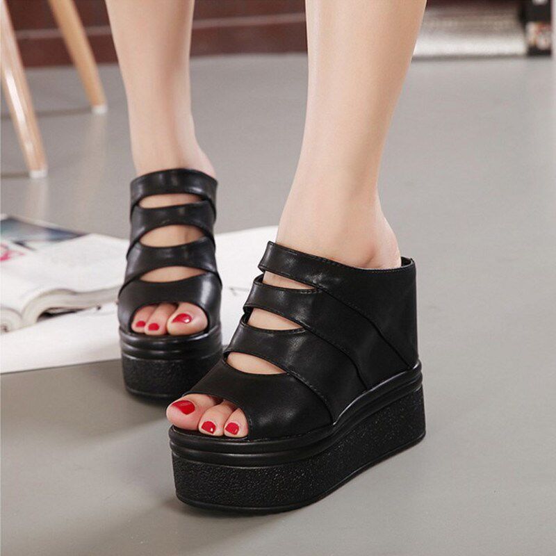 新款夏季凉鞋坡跟超高p跟鞋14cm防水台镂空罗马女鞋内增高鱼嘴拖