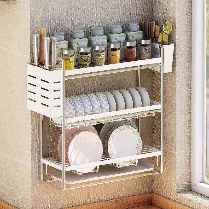 不锈钢厨房置物架碗架沥水架壁挂墙上多层置物架碗盘碗碟收纳架子