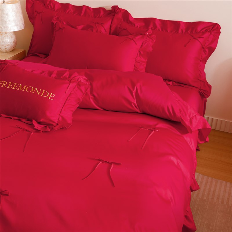 浪漫法式花边婚庆全棉120支长绒棉四件套纯棉被套大红色结婚床品4