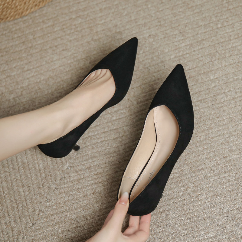 黑色尖头细跟高跟鞋女三厘米5公分春秋面试不磨脚职业工作鞋单鞋