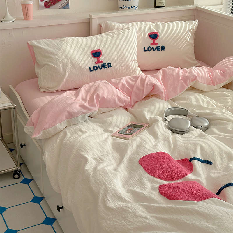 件套5软风笠床单ins亲糯.床三件套肤可爱绣四床上奶油被套1米毛巾