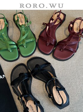 娆娆吴马毛夏季新款气质优雅小众设计感夹趾一字带凉鞋女平底T282