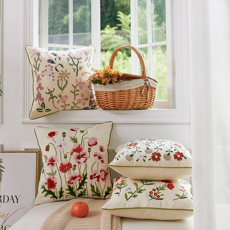 美式田园小清新刺j绣花抱枕套客厅沙发靠垫午休飘窗床头靠枕不含