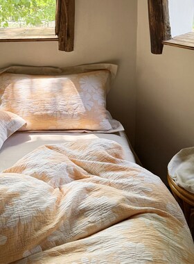 美式田园三层纱提花花朵奶黄色四件z套全棉纯棉1.5m1.8米被套床单