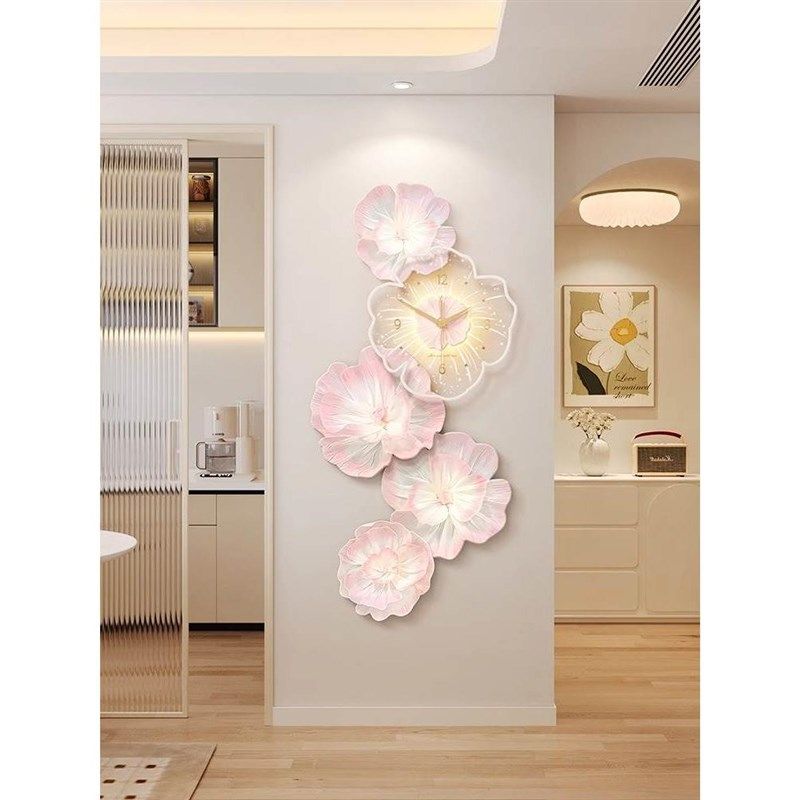 牡丹花电视背景墙装饰画入户玄关过道挂画高级感壁画钟表客厅挂钟,家居饰品,现代装饰画,淘宝优惠券,粉丝福利购,淘宝优惠卷