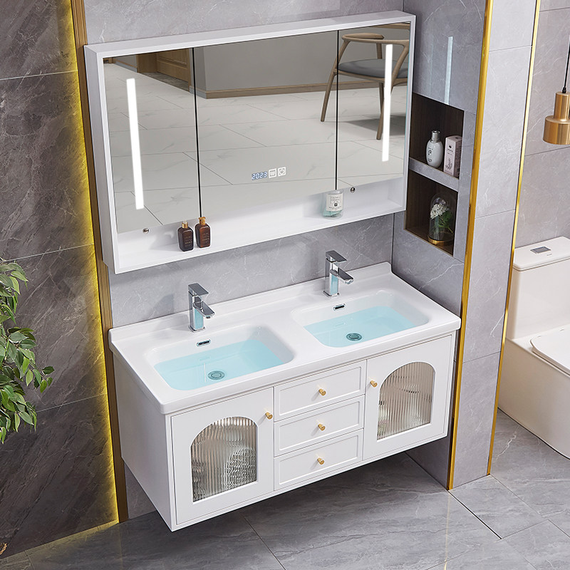 现代简约橡木双盆浴室镜柜组合落地式实木洗手P洗脸一体陶瓷洗漱