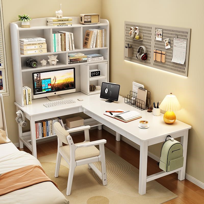 实木转角书桌书架一体桌书房靠墙7字L型电脑桌家用卧室拐角学习桌
