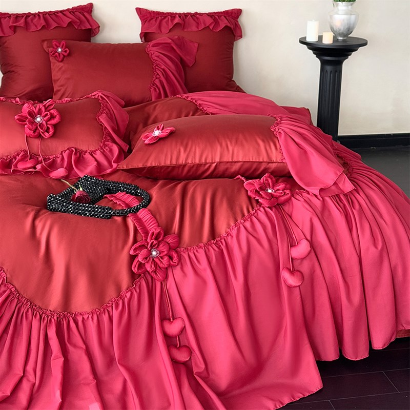 法式浪漫立体花朵婚庆四件套全棉春夏雪纺花边红色结婚被套床单