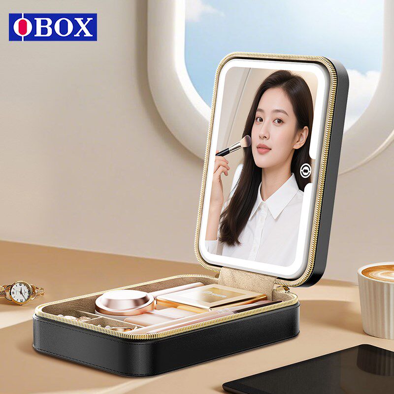 OBOX带镜化妆收纳盒通勤桌面随身便携补妆口红化妆刷气垫分区收纳