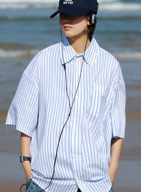 19 FREE 23SS日系潮流蓝色细条纹T恤宽松简约ins少年感半袖衬衫男